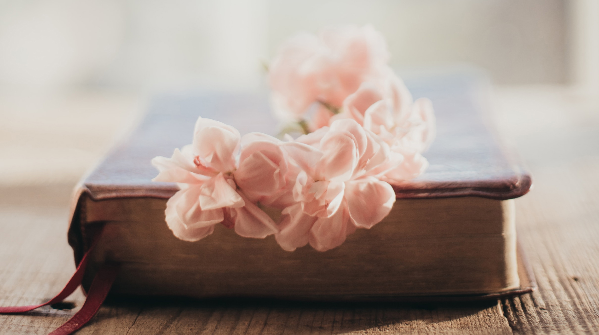 En bok med rosa blommor liggande ovanpå.