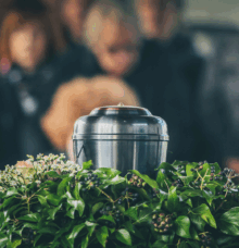 En urna av metall står på en bädd av gröna blad och blommor, med suddiga personer i bakgrunden.