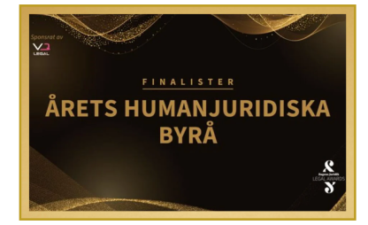 Text reads, "Finalister Årets Humanjuridiska Byrå," with gold and black design elements. Logos for "VQ Legal" and "Regi Nordic Legal Awards" are present.