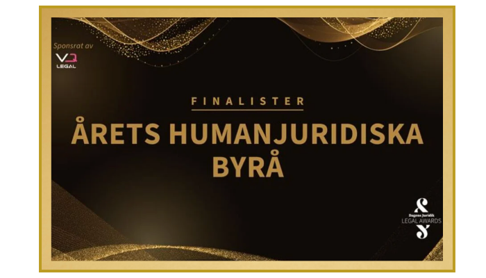Text reads, "Finalister Årets Humanjuridiska Byrå," with gold and black design elements. Logos for "VQ Legal" and "Regi Nordic Legal Awards" are present.
